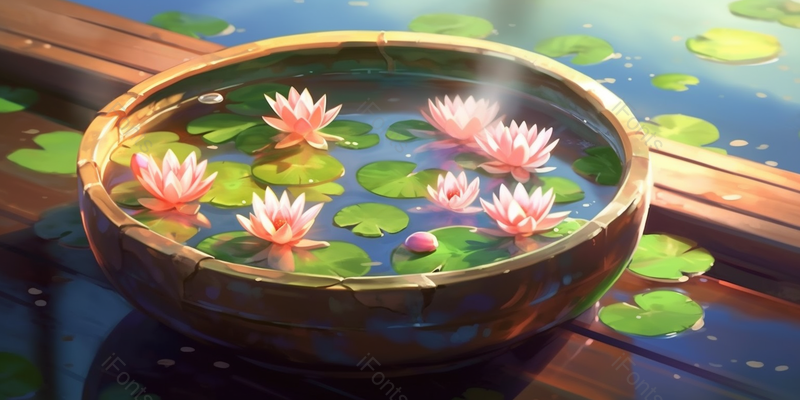 夏日水缸里的荷花盛开清新淡雅荷花插画设计素材壁纸,插画/手绘图,插画/手绘图库,插画/手绘图下载,插画/手绘
